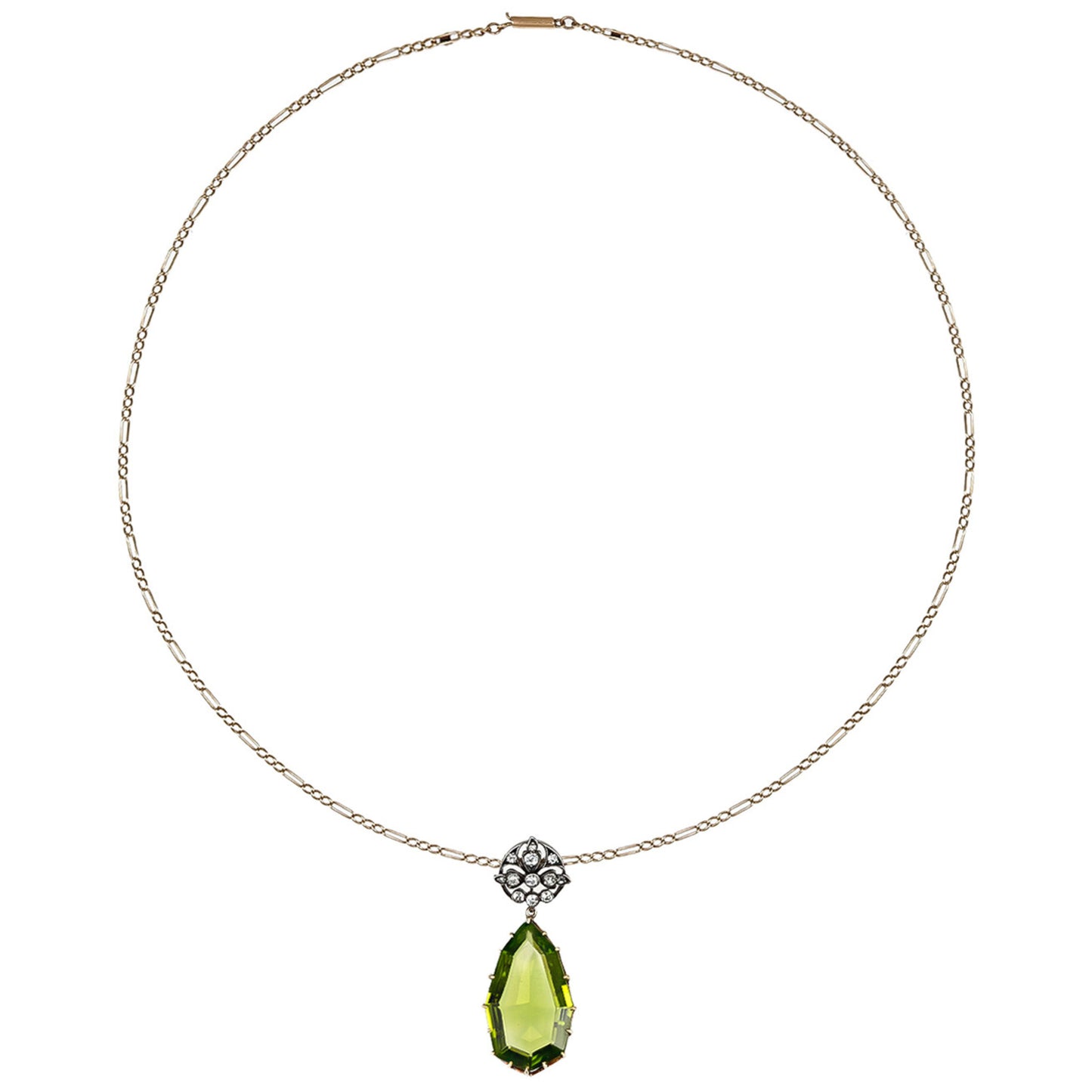 Victorian Silver & 15KT Yellow Gold Peridot & Diamond Necklace front