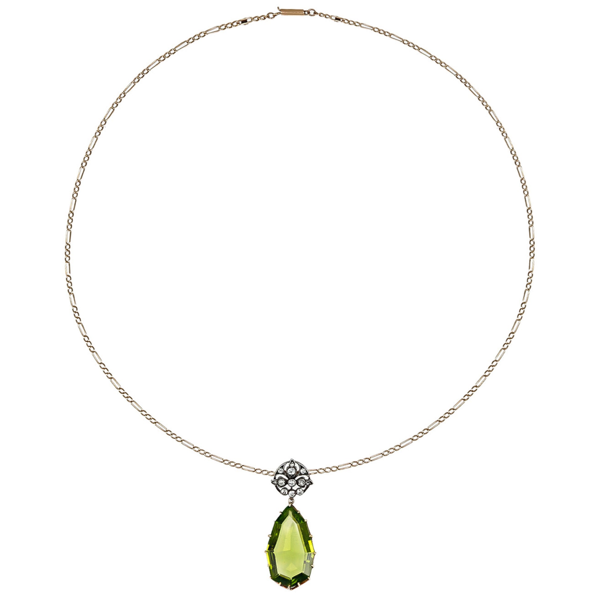 Victorian Silver & 15KT Yellow Gold Peridot & Diamond Necklace front