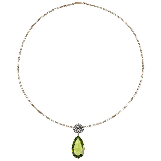 Victorian Silver & 15KT Yellow Gold Peridot & Diamond Necklace front