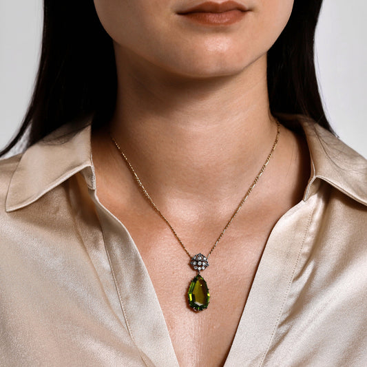 Victorian Silver & 15KT Yellow Gold Peridot & Diamond Necklace on neck