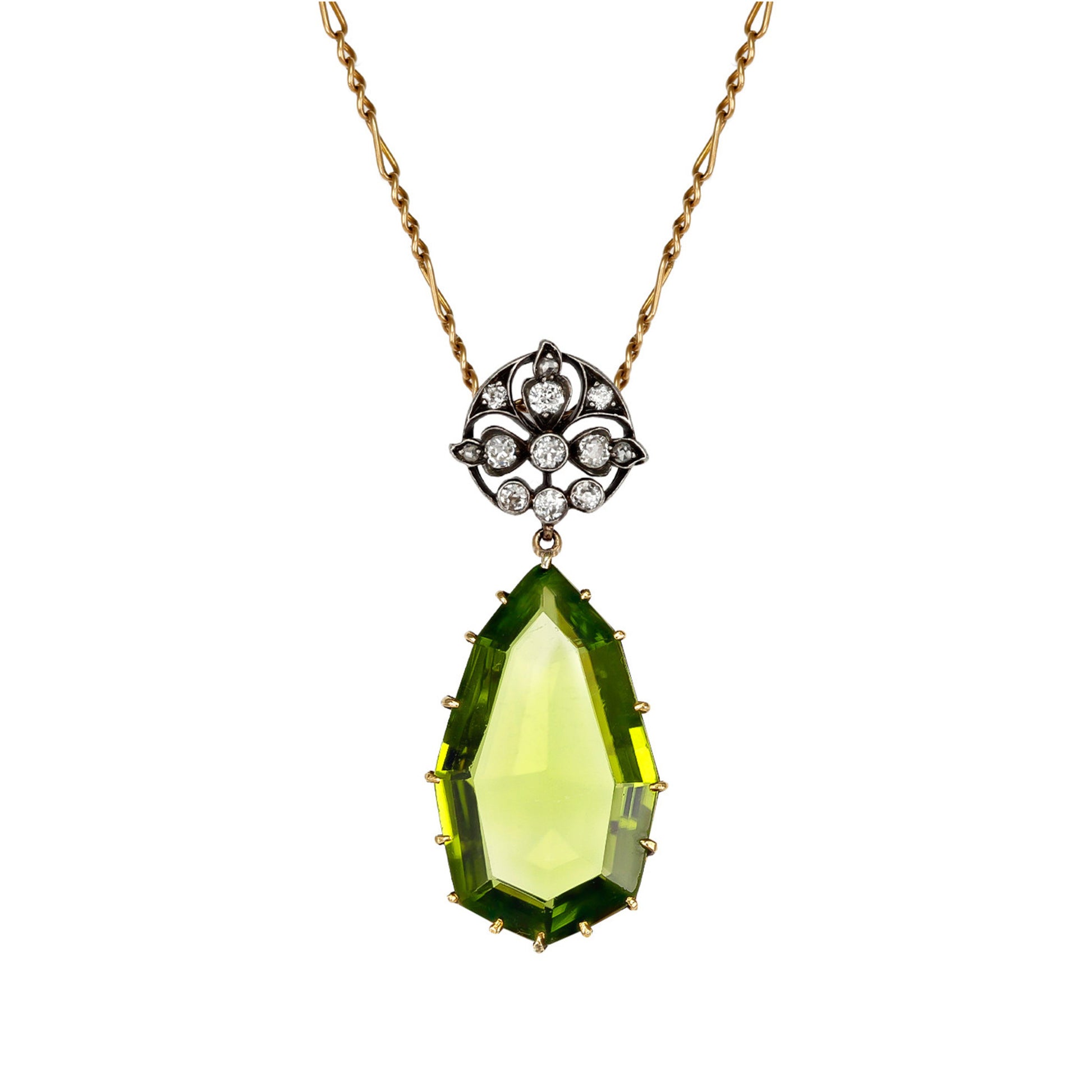 Victorian Silver & 15KT Yellow Gold Peridot & Diamond Necklace front