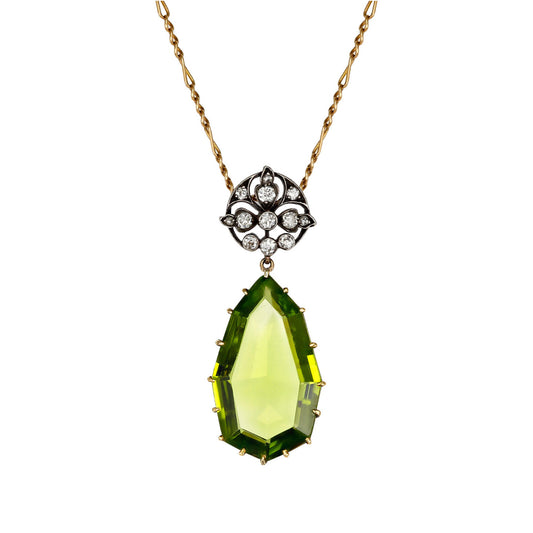 Victorian Silver & 15KT Yellow Gold Peridot & Diamond Necklace front