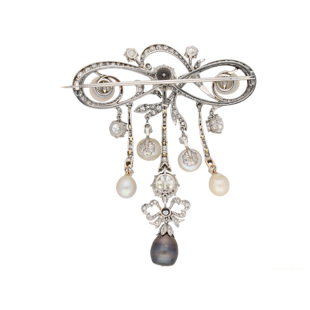 Edwardian Platinum & 18KT Yellow Gold Natural Pearl & Diamond Brooch back