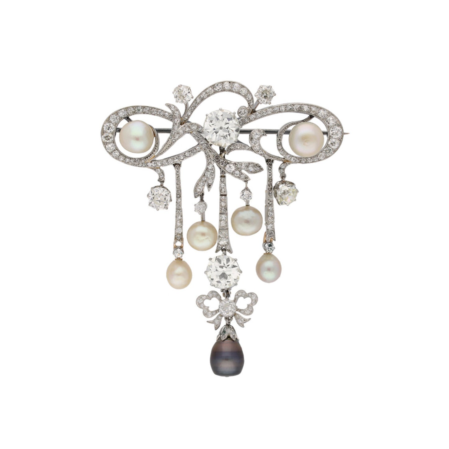Edwardian Platinum & 18KT Yellow Gold Natural Pearl & Diamond Brooch front