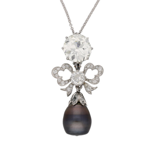 Edwardian Platinum & 18KT Yellow Gold Natural Pearl & Diamond Brooch front