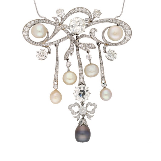 Edwardian Platinum & 18KT Yellow Gold Natural Pearl & Diamond Brooch front