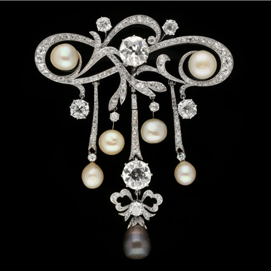 Edwardian Platinum & 18KT Yellow Gold Natural Pearl & Diamond Brooch front