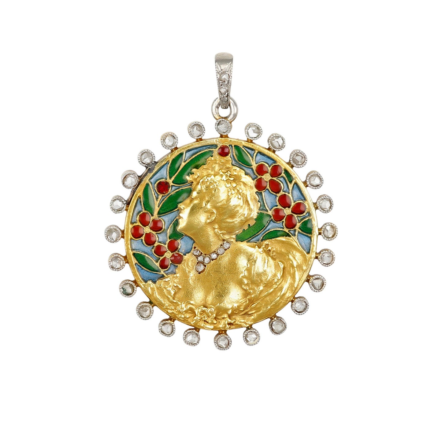 Art Nouveau 18KT Yellow Gold Diamond & Enamel Pendant front