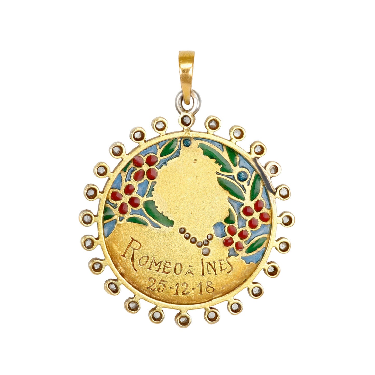 Art Nouveau 18KT Yellow Gold Diamond & Enamel Pendant back