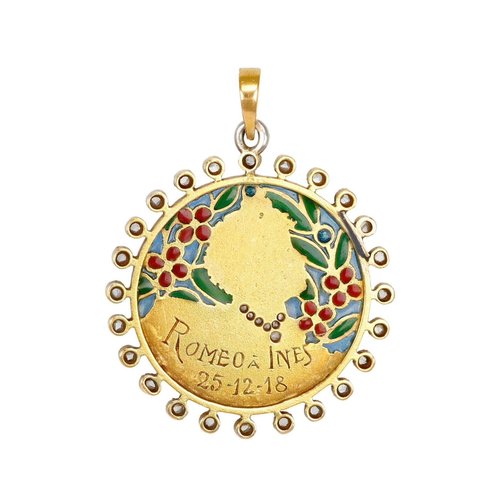 Art Nouveau 18KT Yellow Gold Diamond & Enamel Pendant back