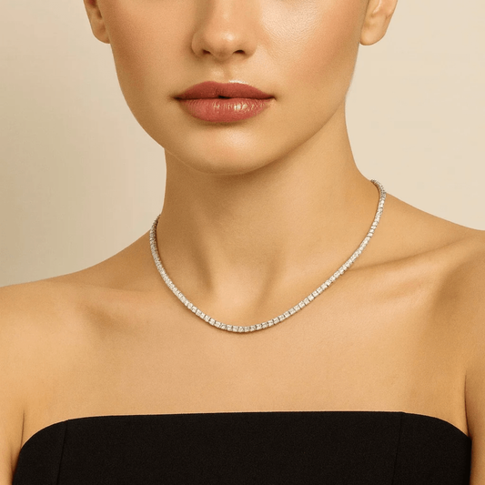 Contemporary 14KT White Gold Diamond Necklace on neck