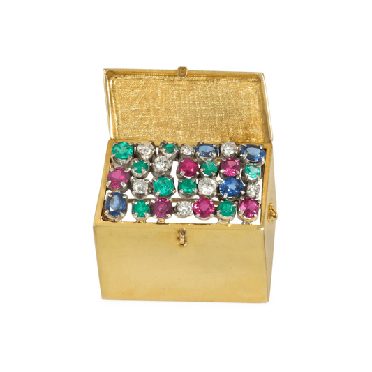 1950s 18KT Yellow Gold Multigem Treasure Chest Brooch front