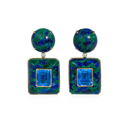 1980s 18KT Yellow Gold Azurite & Cobalt Quartz Earrings front