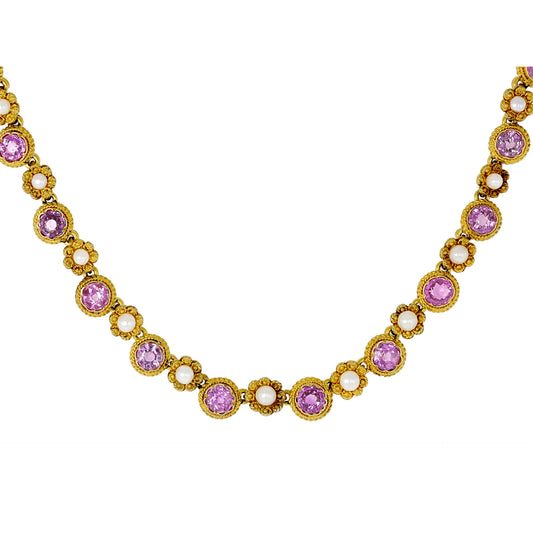 Victorian 18KT Yellow Gold Sapphire & Natural Pearl Necklace front