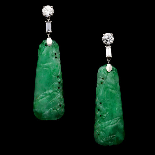 Art Deco Platinum Jade & Diamond Earrings front