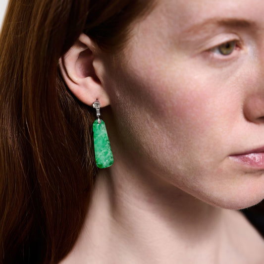 Art Deco Platinum Jade & Diamond Earrings on ear