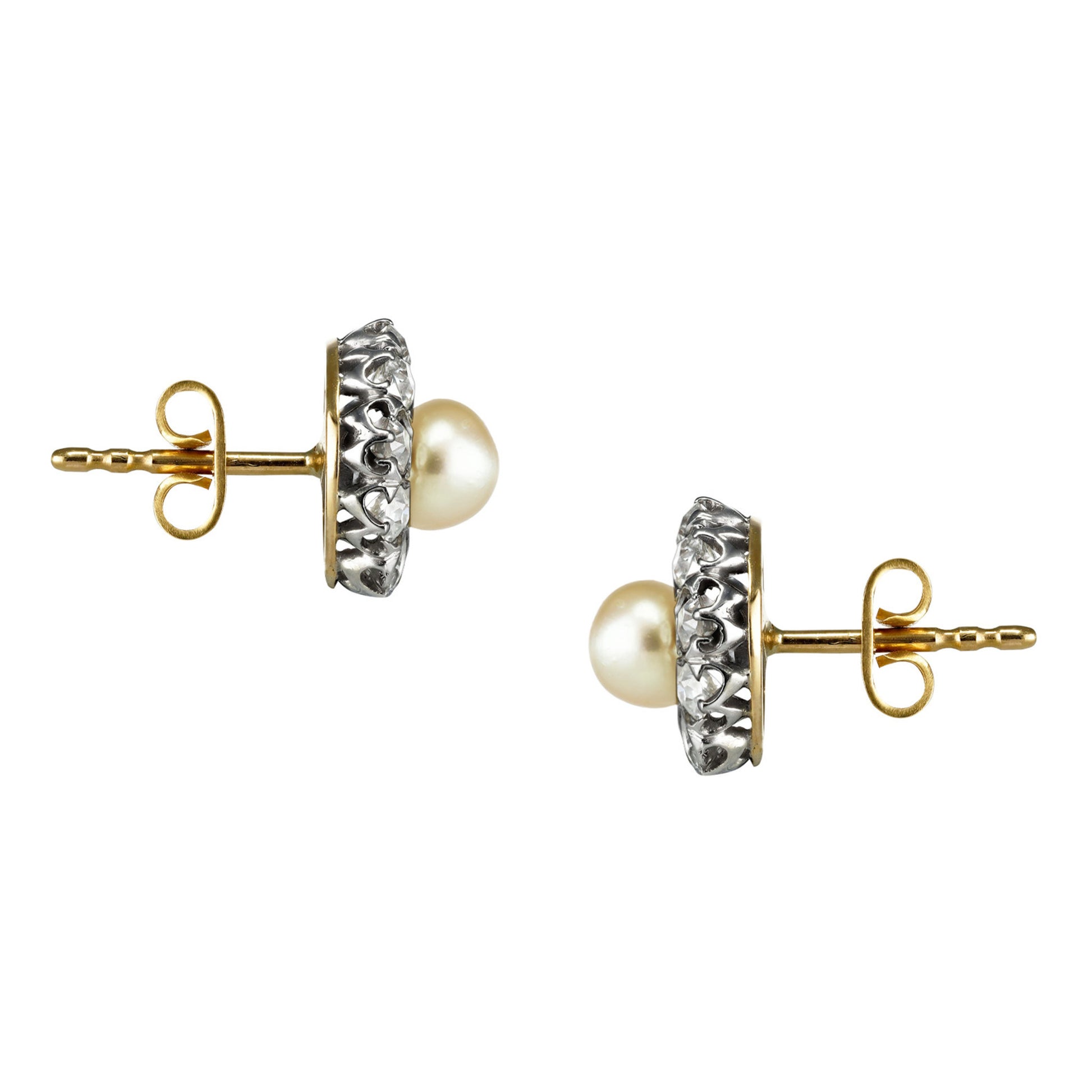 Edwardian Platinum & 18KT Yellow Gold Natural Pearl & Diamond Earrings side