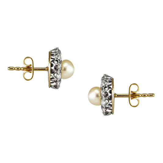 Edwardian Platinum & 18KT Yellow Gold Natural Pearl & Diamond Earrings side