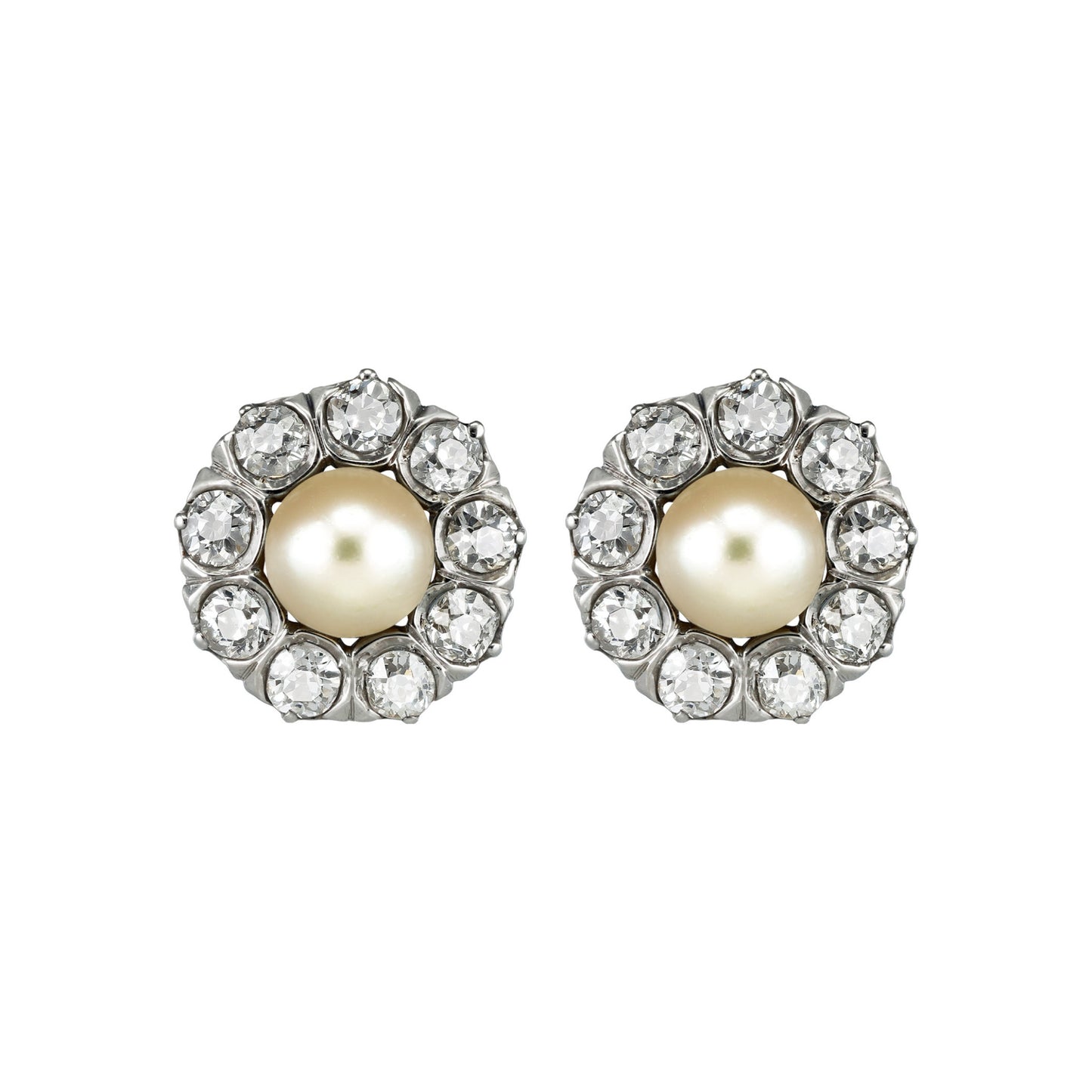 Edwardian Platinum & 18KT Yellow Gold Natural Pearl & Diamond Earrings front