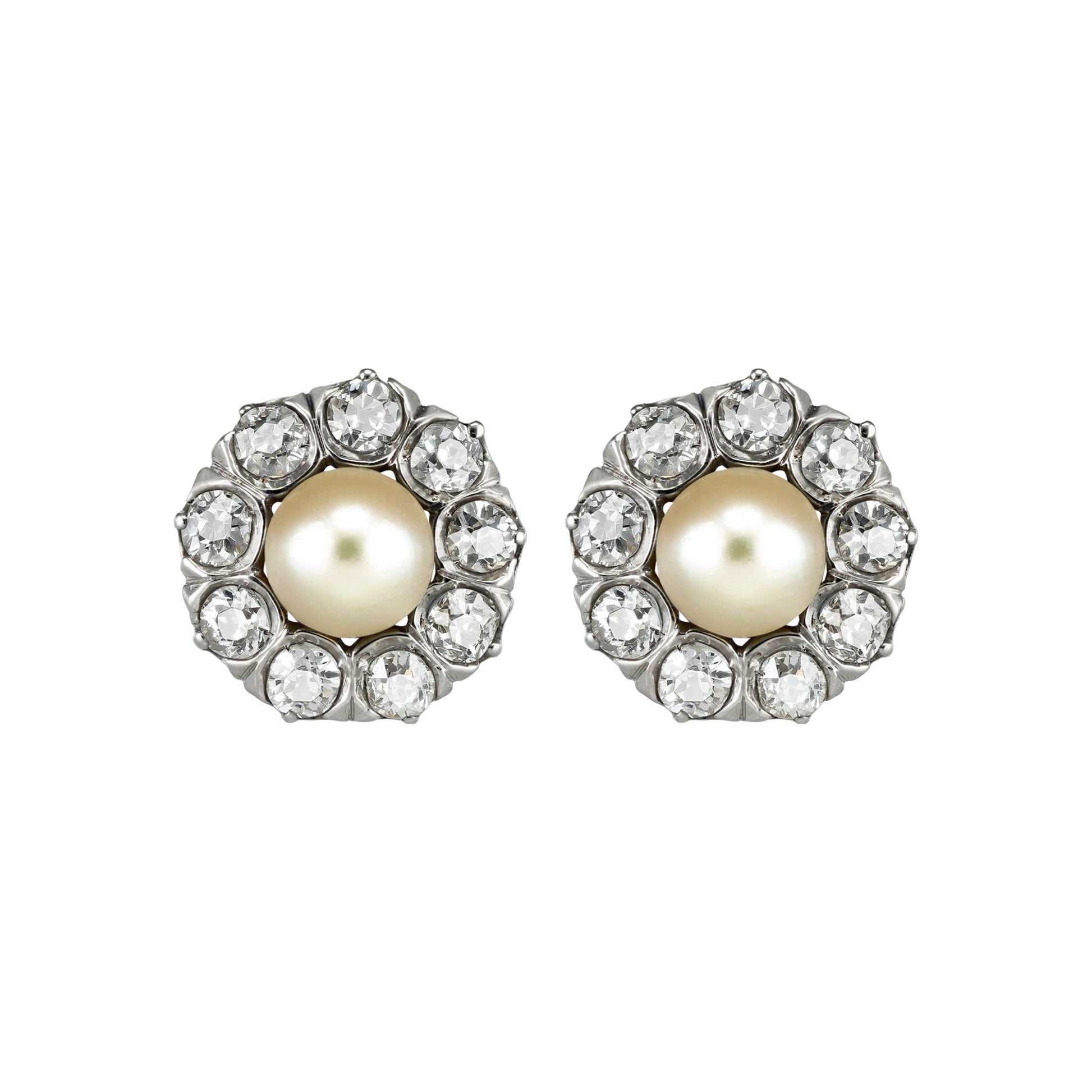 Edwardian Platinum & 18KT Yellow Gold Natural Pearl & Diamond Earrings front