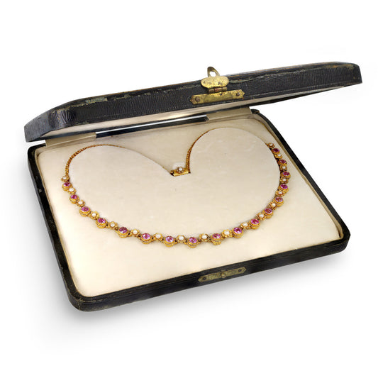 Victorian 18KT Yellow Gold Sapphire & Natural Pearl Necklace in box