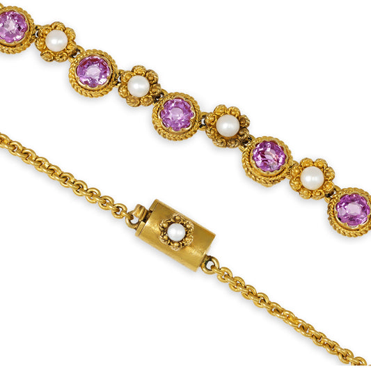 Victorian 18KT Yellow Gold Sapphire & Natural Pearl Necklace details