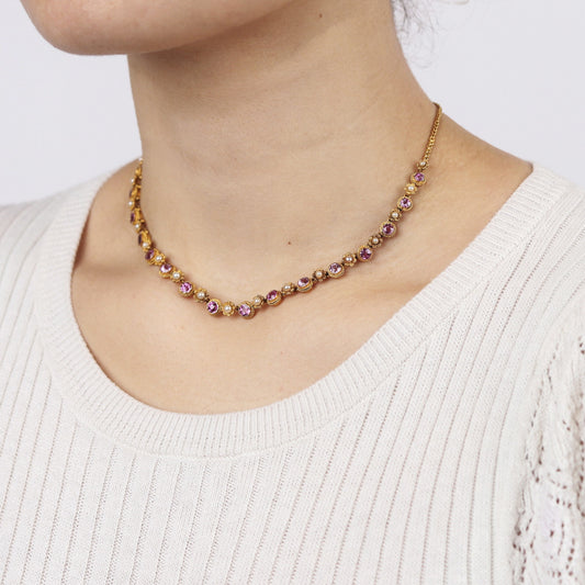 Victorian 18KT Yellow Gold Sapphire & Natural Pearl Necklace on neck