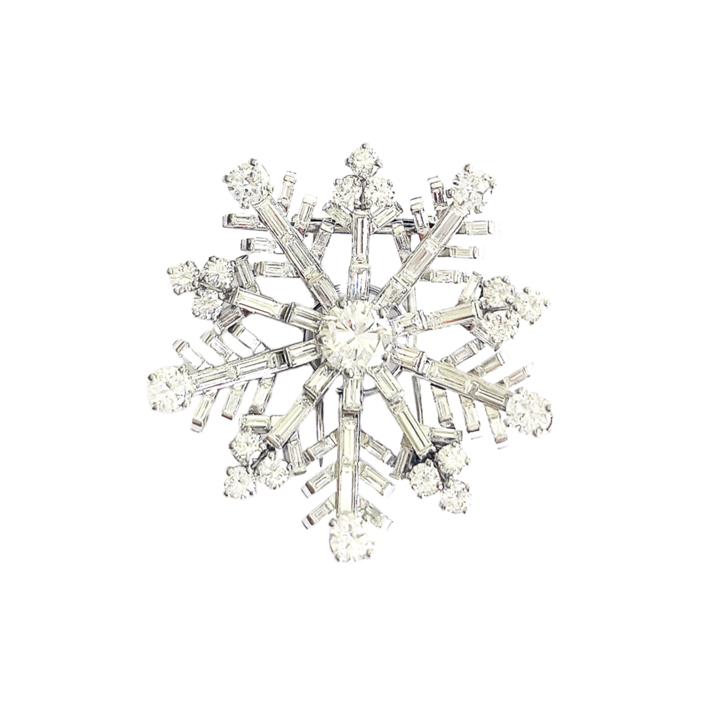 French 1960s Platinum Diamond Snowflake Brooch front