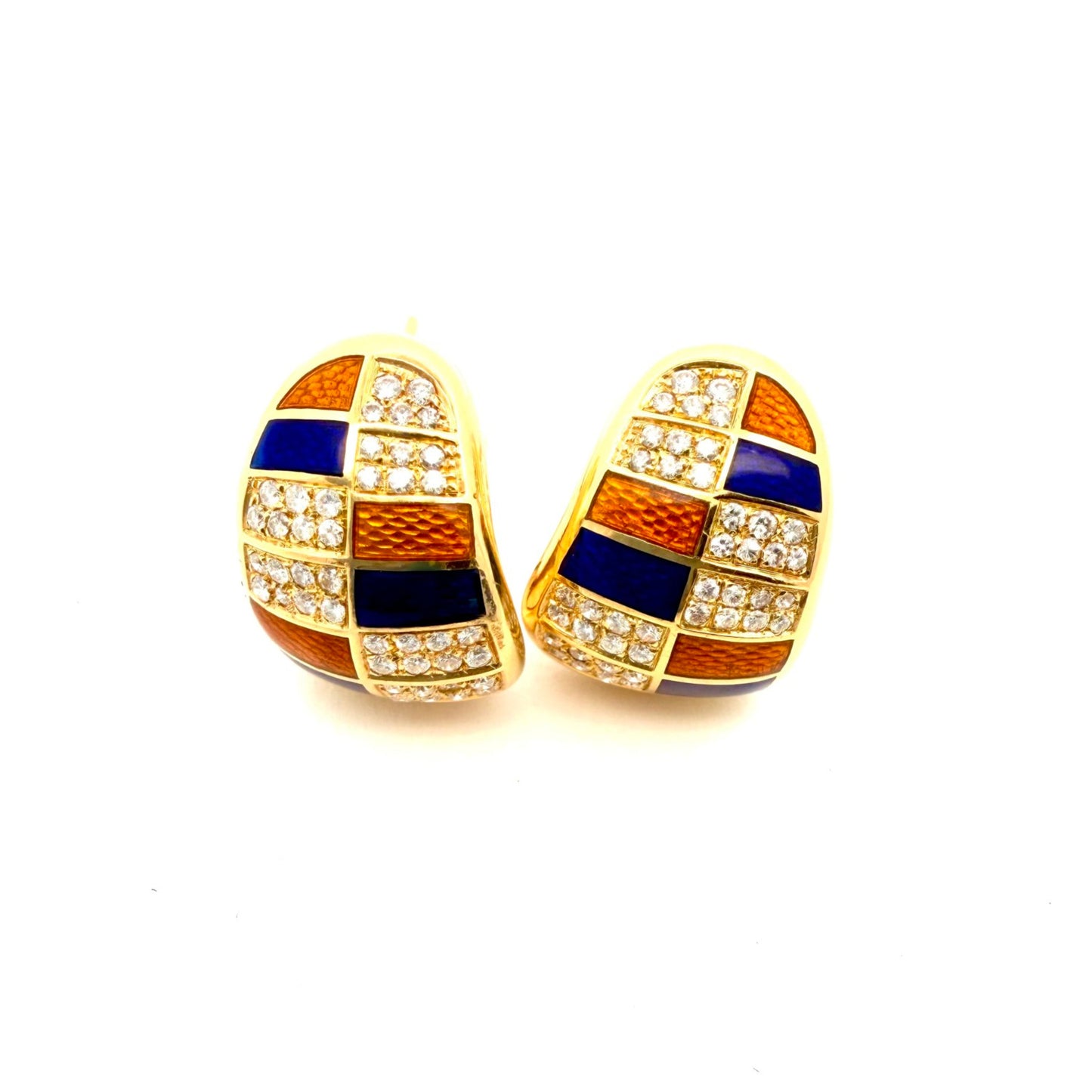 Bulgari 1980s 18KT Yellow Gold Enamel & Diamond Earrings front
