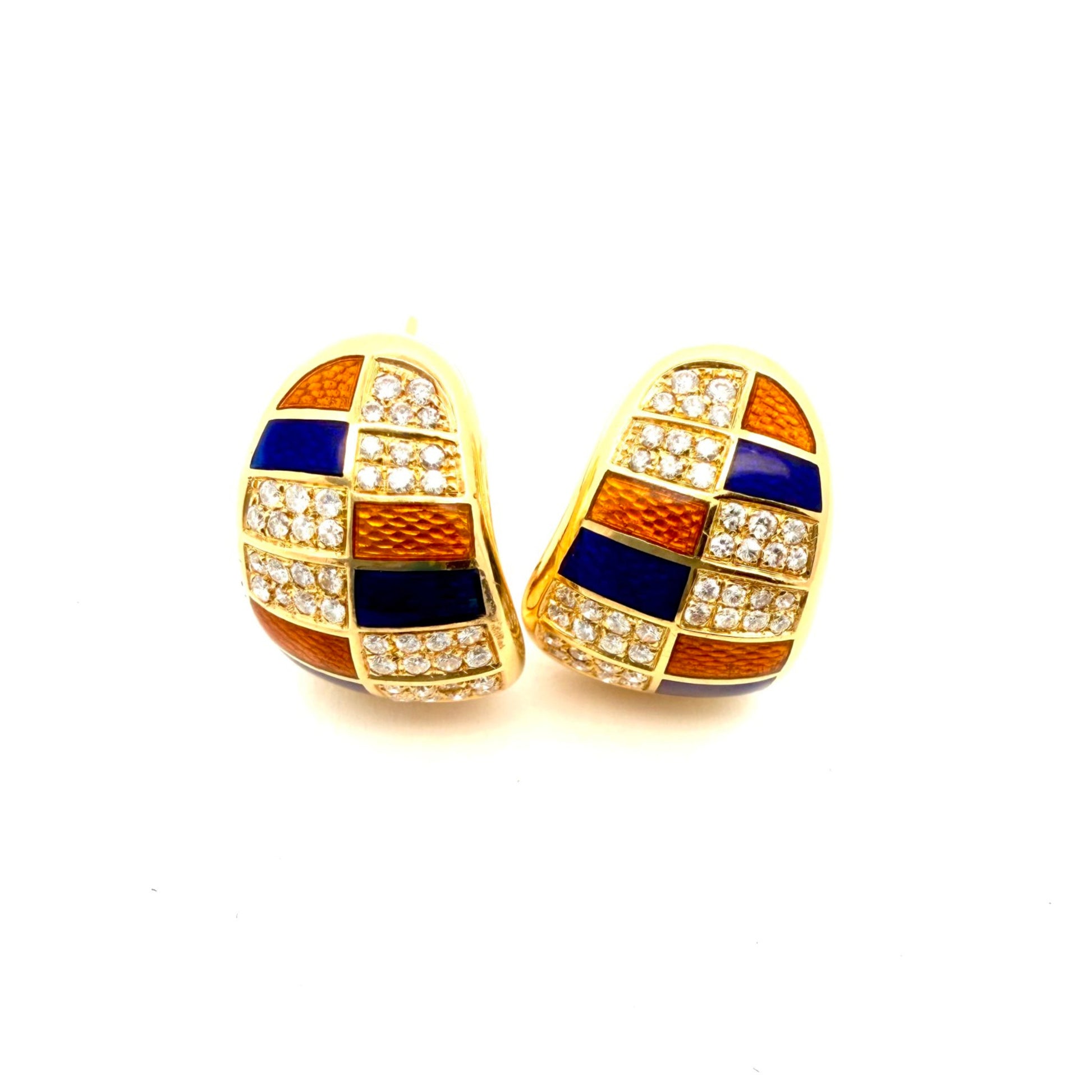 Bulgari 1980s 18KT Yellow Gold Enamel & Diamond Earrings front
