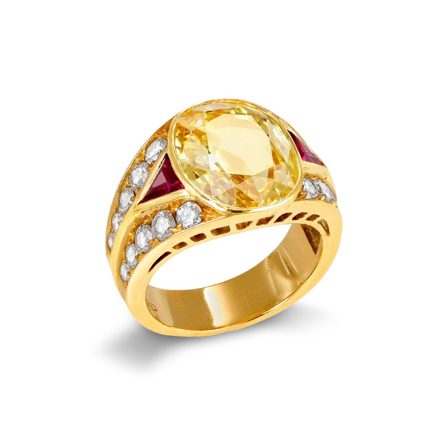 Chaumet French 1980s 18KT Yellow Gold Sapphire, Diamond & Ruby Ring front