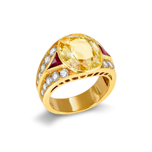 Chaumet French 1980s 18KT Yellow Gold Sapphire, Diamond & Ruby Ring front