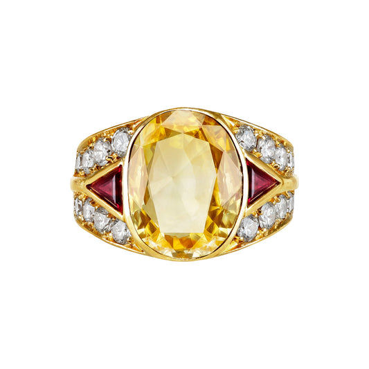 Chaumet French 1980s 18KT Yellow Gold Sapphire, Diamond & Ruby Ring front