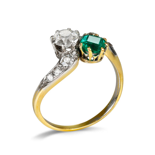 Edwardian Platinum & 18KT Yellow Gold Emerald & Diamond Ring profile