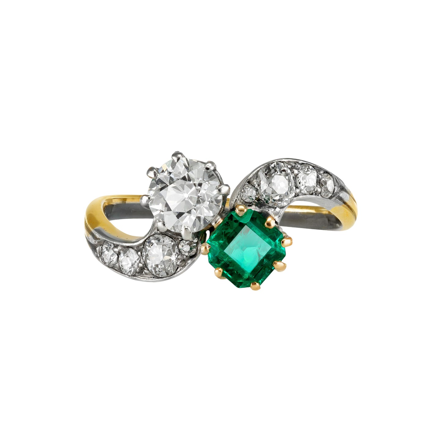 Edwardian Platinum & 18KT Yellow Gold Emerald & Diamond Ring front