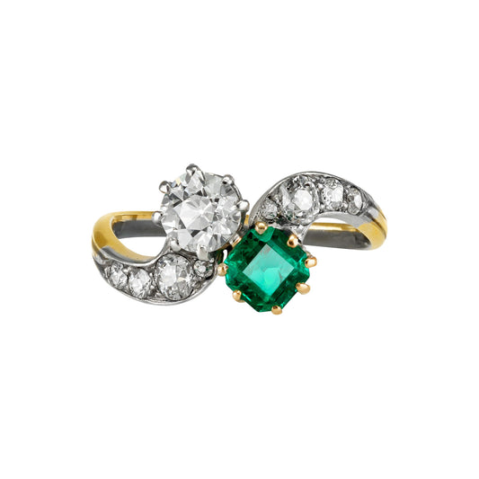 Edwardian Platinum & 18KT Yellow Gold Emerald & Diamond Ring front