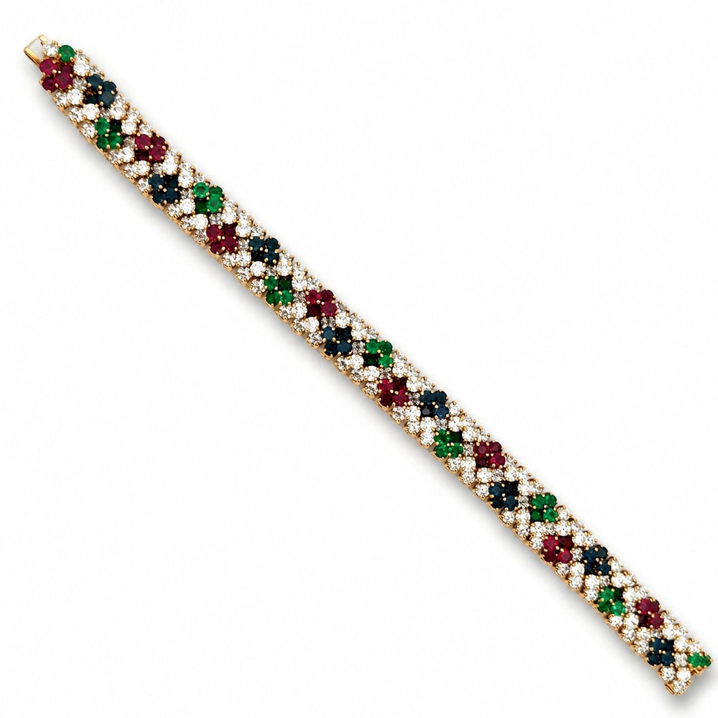 Tiffany & Co. 1970s 18KT Yellow Gold Diamond, Emerald, Ruby & Sapphire Bracelet front