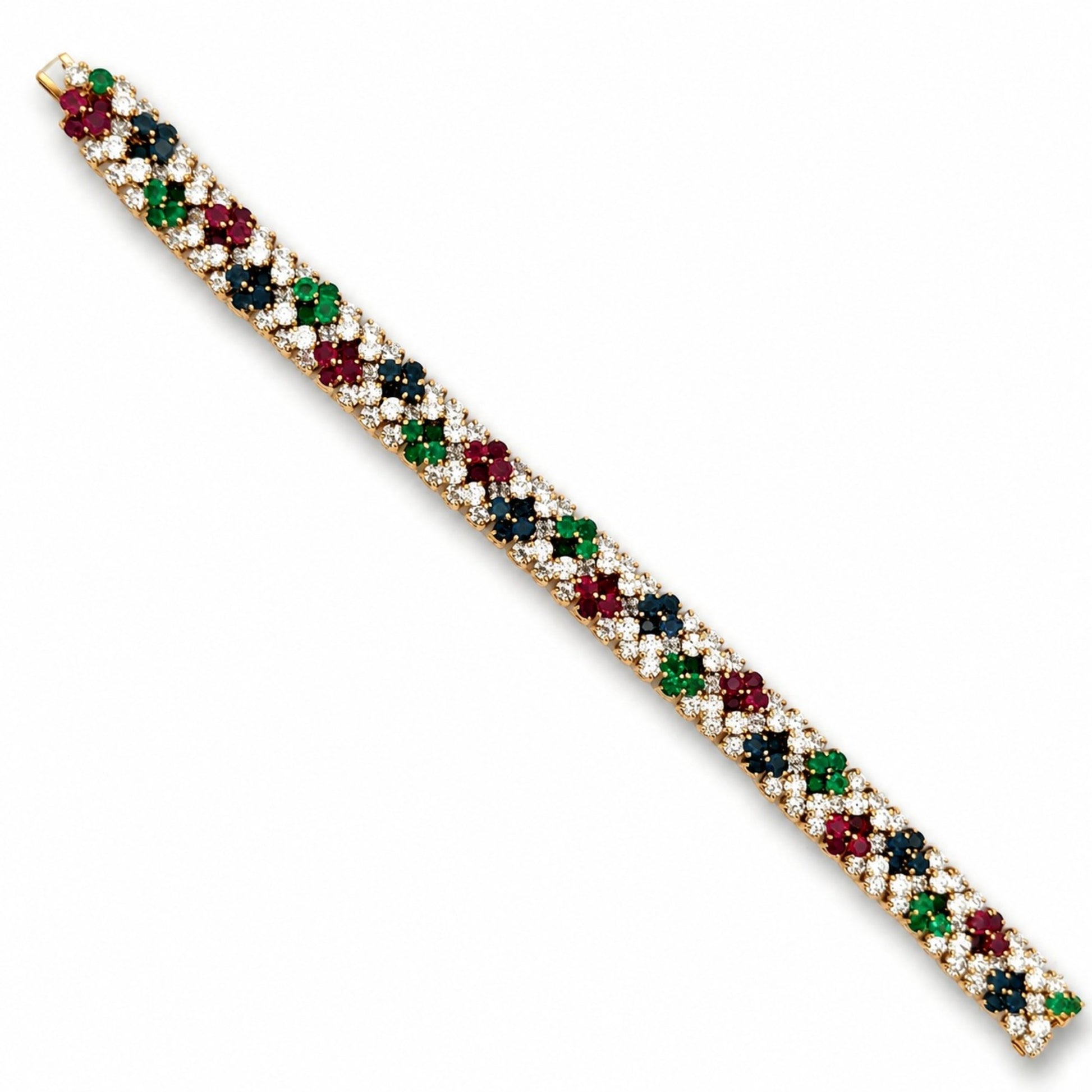 Tiffany & Co. 1970s 18KT Yellow Gold Diamond, Emerald, Ruby & Sapphire Bracelet front
