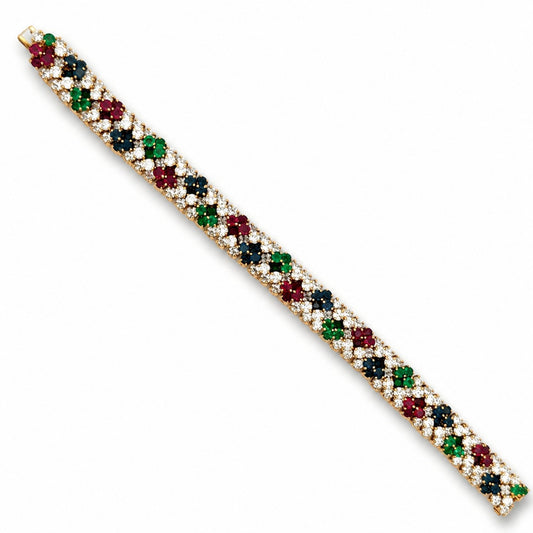 Tiffany & Co. 1970s 18KT Yellow Gold Diamond, Emerald, Ruby & Sapphire Bracelet front