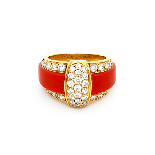 Van Cleef & Arpels Post-1980s 18KT Yellow Gold Coral & Diamond Ring front