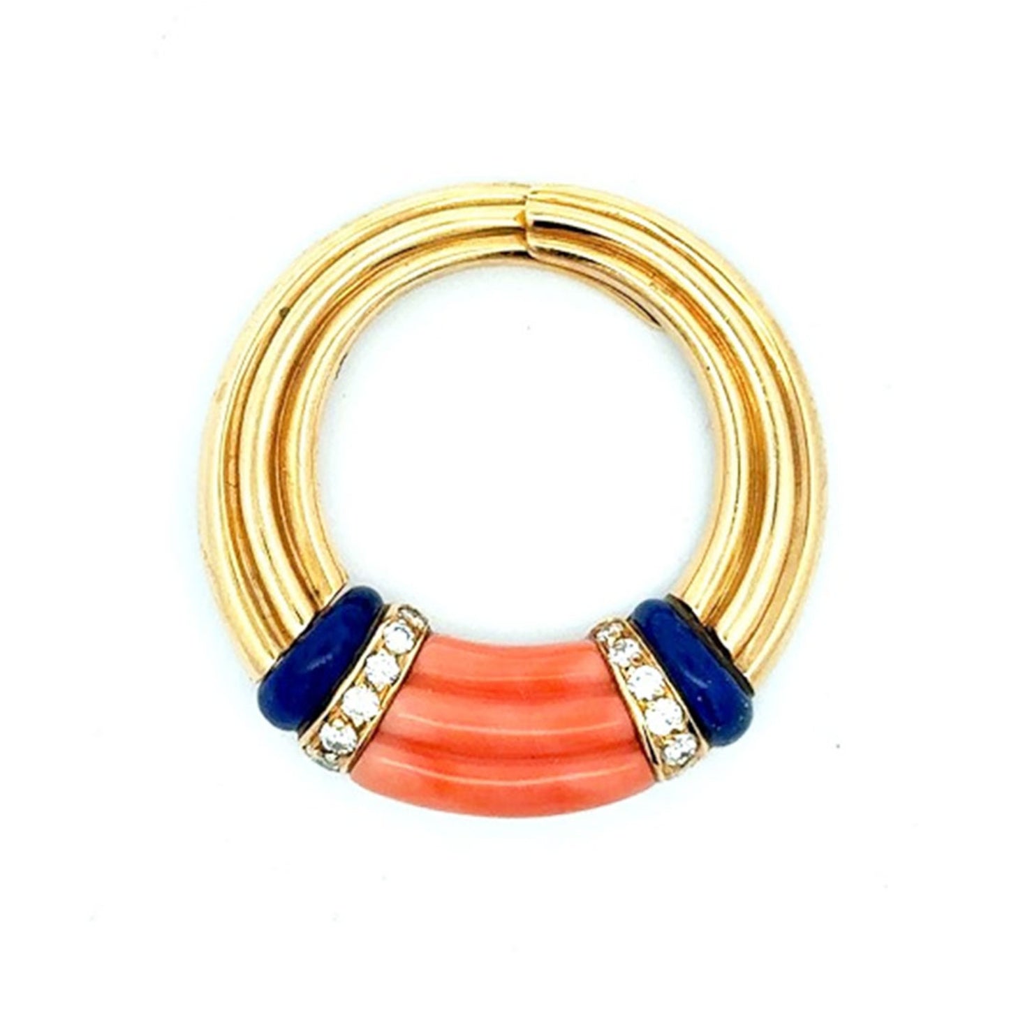 Van Cleef & Arpels 1980s 18KT Yellow Gold Coral, Diamond & Lapis Lazuli Brooch front