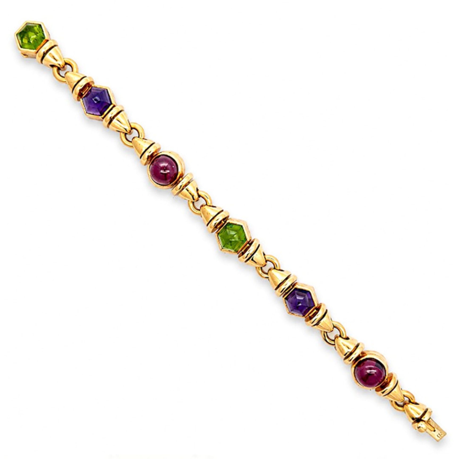 Bulgari 1980s 18KT Yellow Gold Tourmaline, Amethyst & Peridot Bracelet front