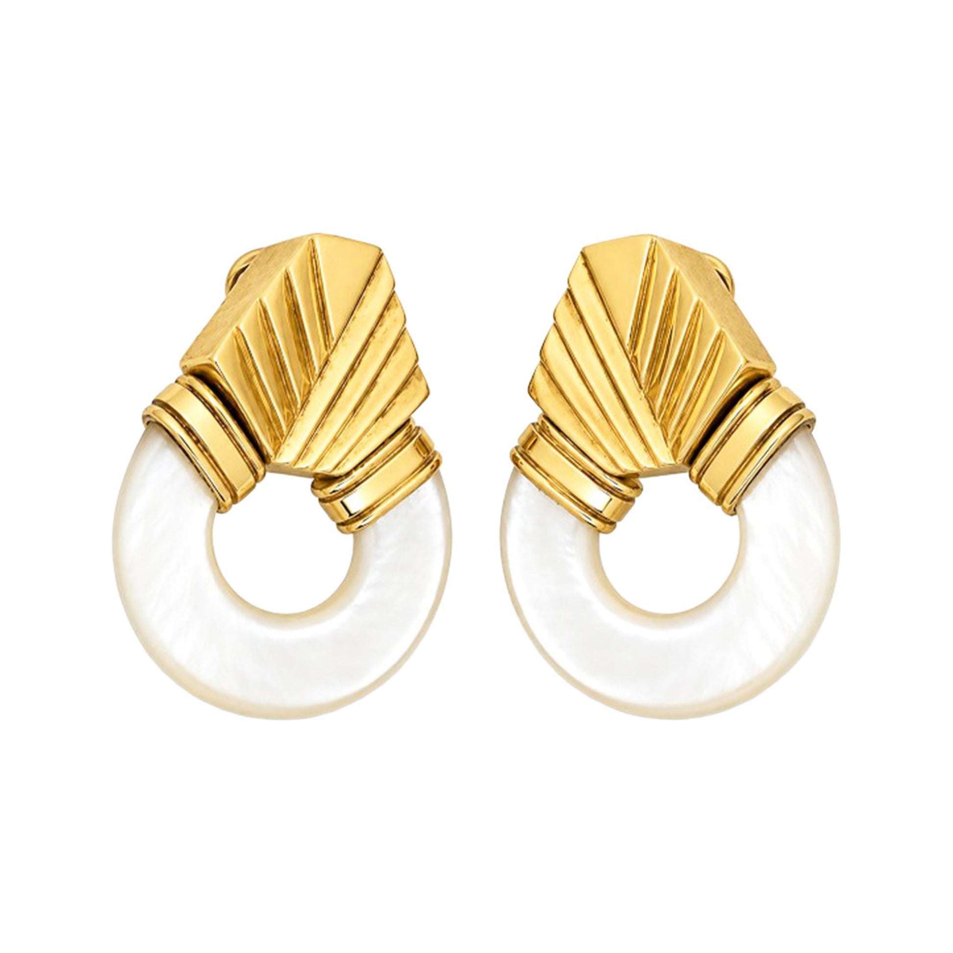 1980s 18KT Yellow Gold Mother of Pearl Earrings front