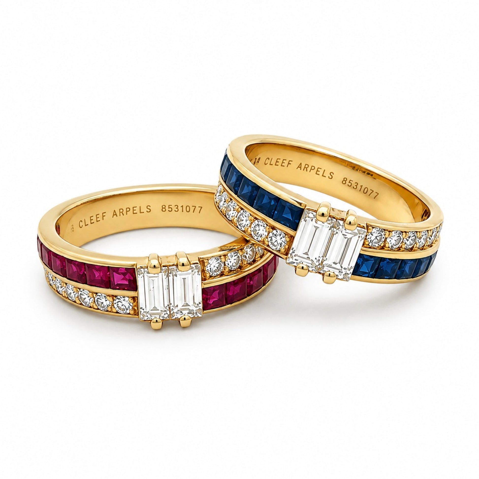 Van Cleef & Arpels France 1980s 18KT Yellow Gold Diamond, Ruby & Sapphire Rings front