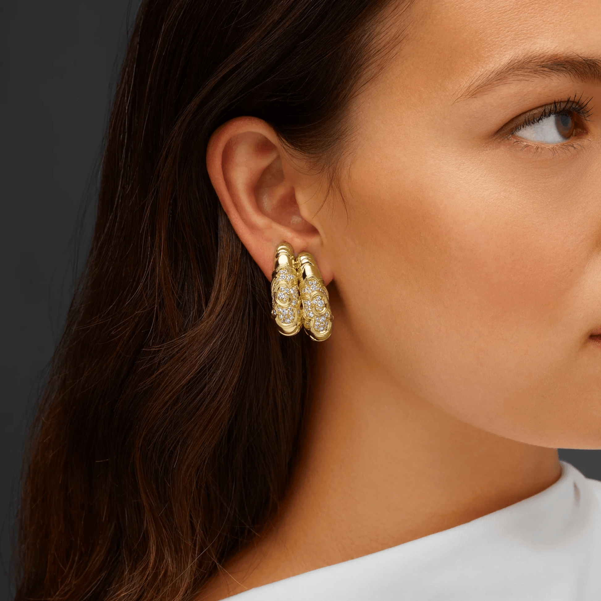 Marina B. Post-1980s 18KT Yellow Gold Diamond Earrings on ear