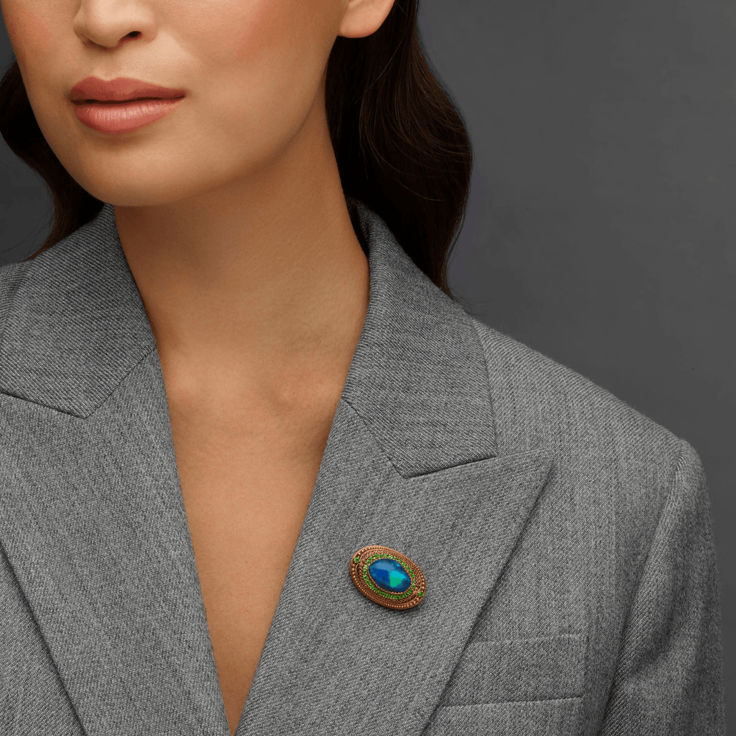 Tiffany & Co. Edwardian 18KT Yellow Gold Opal & Demantoid Garnet Brooch on lapel