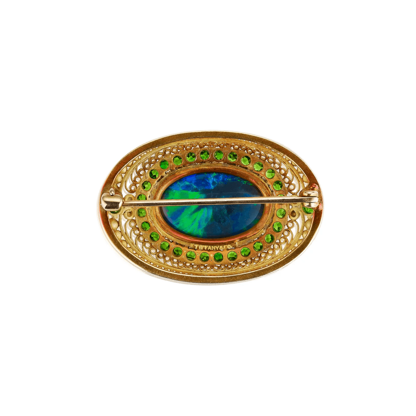 Tiffany & Co. Edwardian 18KT Yellow Gold Opal & Demantoid Garnet Brooch back
