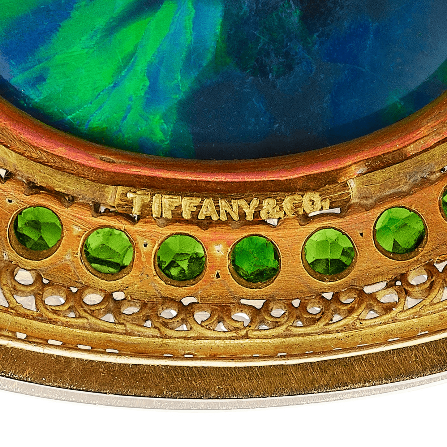Tiffany & Co. Edwardian 18KT Yellow Gold Opal & Demantoid Garnet Brooch signature