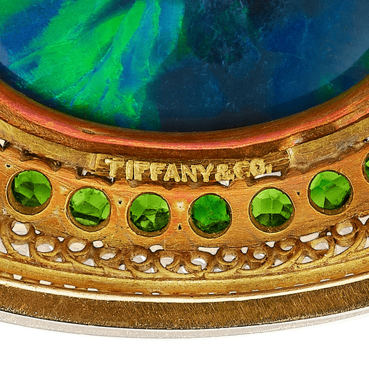 Tiffany & Co. Edwardian 18KT Yellow Gold Opal & Demantoid Garnet Brooch signature