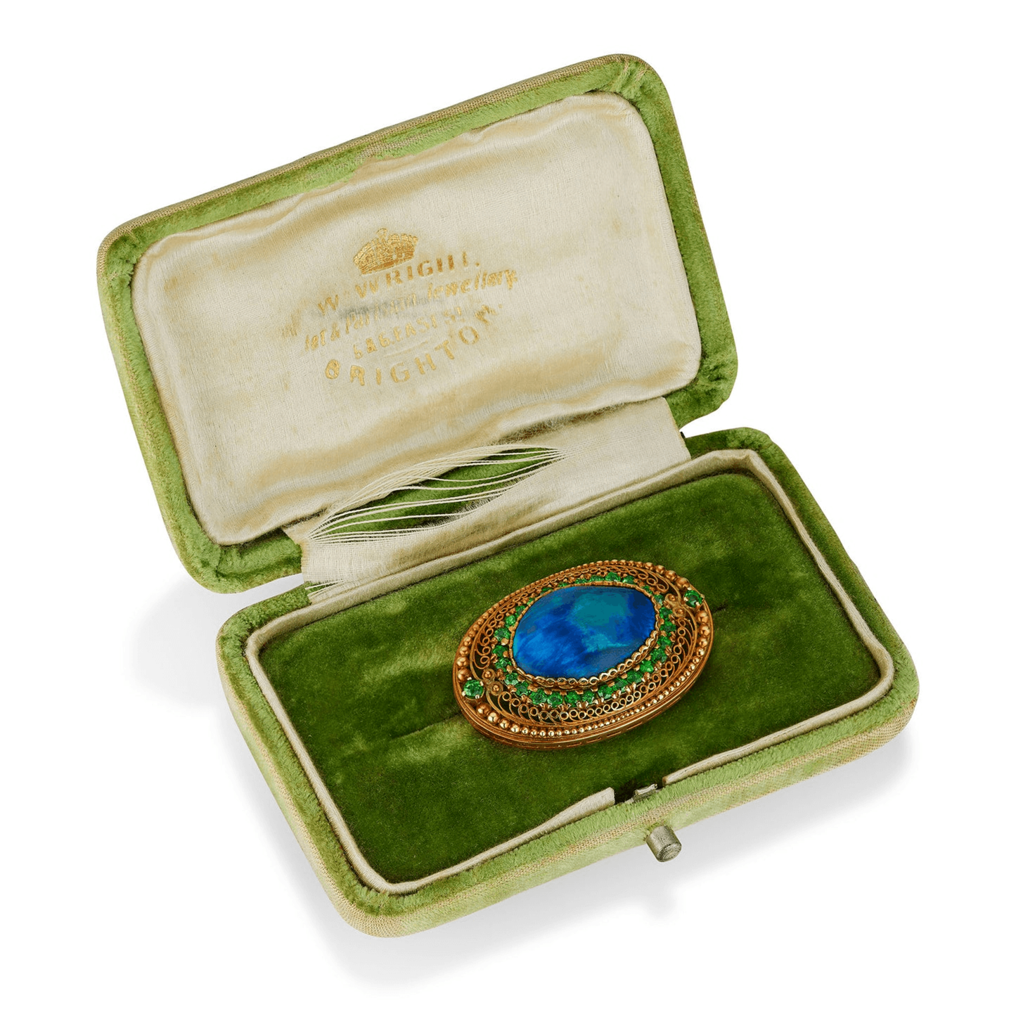 Tiffany & Co. Edwardian 18KT Yellow Gold Opal & Demantoid Garnet Brooch in box